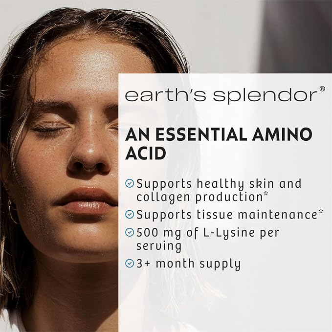 Earth's Splendor L-Lysine 500 mg Supplement for Men & Women, Supports Collagen & Tissue Maintenance (500 mg, 100 Caplets)