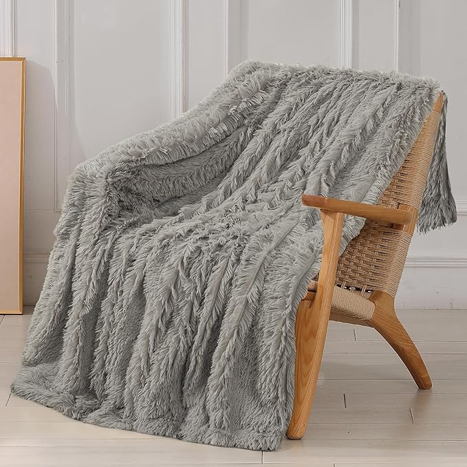 Tuddrom Decorative Extra Soft Faux Fur Blanket Queen Size 80"x90",Solid Reversible Fuzzy Fluffy Plush Fleece Comfy Microfiber Fur Blanket for Couch Sofa Bed,Quiet Grey