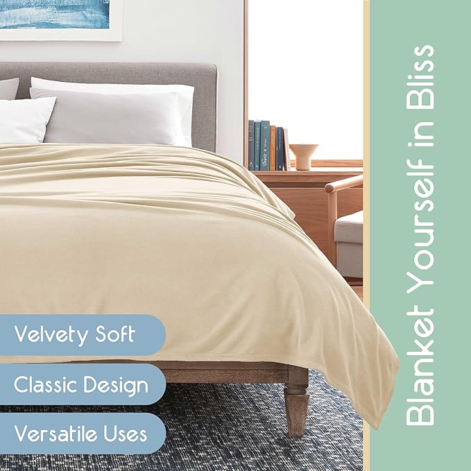 Full/Queen Size Microfleece Blanket | Fleece Bed Blanket | All-Season Comfort| Supersoft Lightweight Throw Blanket | Plush Throw Blanket for Bed Couch or Sofa | Travel Blanket | Pet-Friendly | Ivory