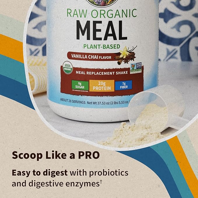 Garden of Life Meal Replacement Shakes, Vegan Raw Organic Protein Powder, Vanilla Chai Protein Powder with Plant Based Pea Protein, Sprouts, Greens, Probiotics, Dairy Free 28 Servings