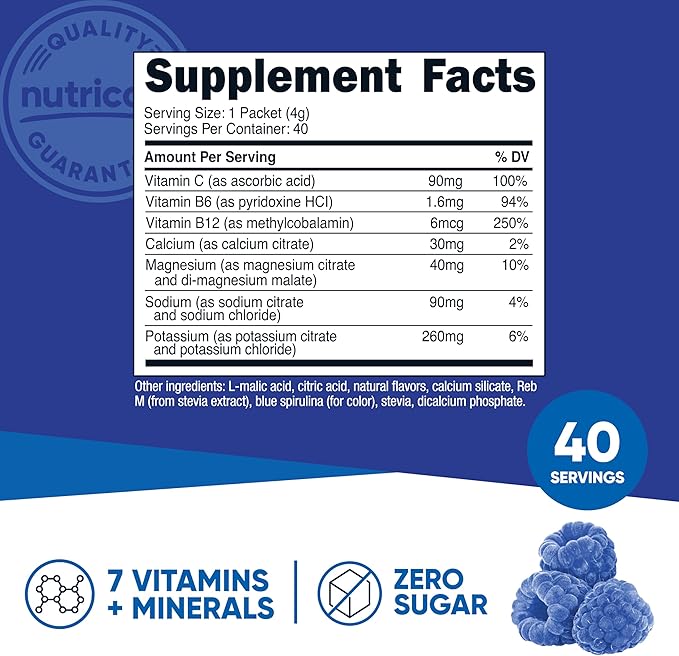 Nutricost Electrolytes Complex, Blue Raspberry Flavored, 40 Stickpacks - Advanced Hydration Complex