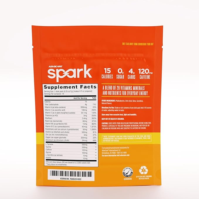 AdvoCare Spark Vitamin & Amino Acid Supplement - Focus & Energy Drink Powder Mix with Vitamin A, B-6, C & E - Also Includes L-Carnitine & L-Tyrosine - Mandarin Orange, 14 Stick Packs