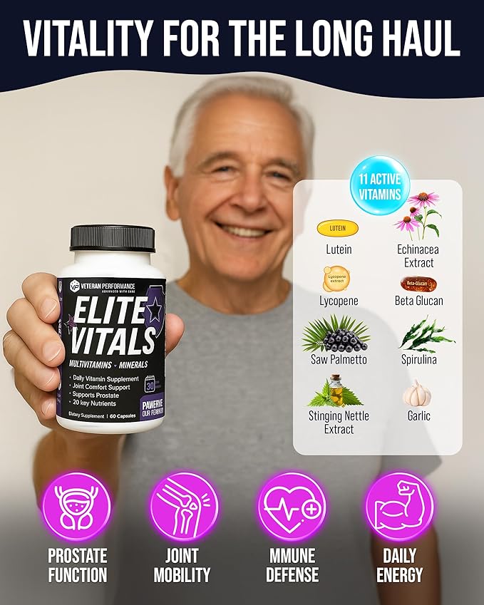 Elite Vitals – Mens Daily Multivitamins with Vitamin B12, Gluten Free Immune Support Supplement for Prostate, Joint & Energy with Zinc, Green Tea, +20 Essential Vitamins – 60 Caps