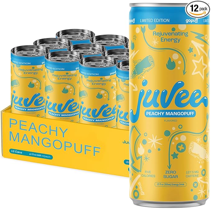 Juvee Rejuvenating Energy Drink. Sugar Free Energy Drinks. Taurine, Vitamin B12, Vitamin B6. 128 Mg Of Caffeine. L-Theanine For Mood Support. Panax Ginseng For Focus. Vitamin C For Immune Support. Gluten Free 12 oz - 12 Pack - Peachy Mangopuff