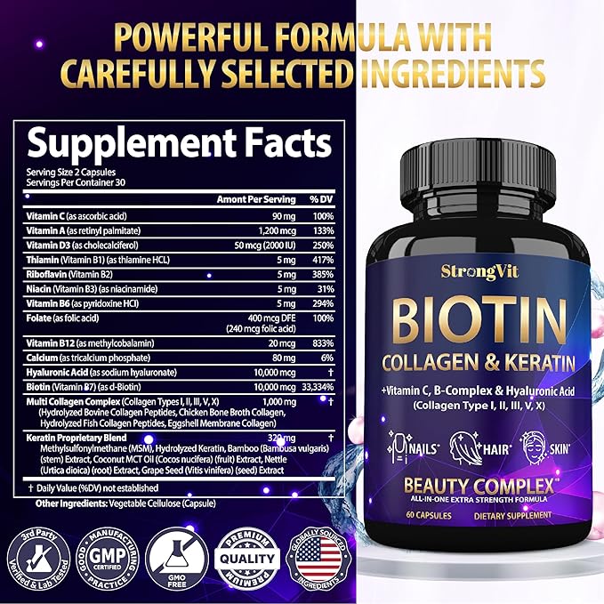 Biotin with Hyaluronic Acid, Keratin, and Collagen Supplements - Hair Growth Vitamins for Women and Men, Healthy Nails and Skin, B1, B2, B3, B6, B7 Complex, USA