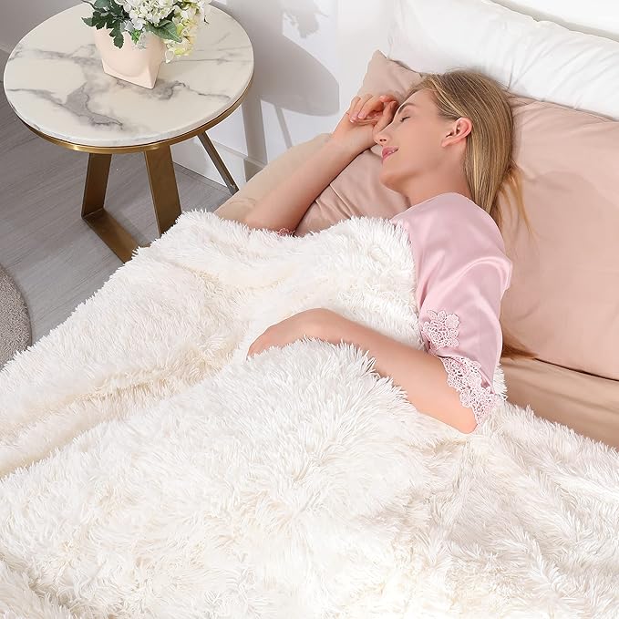Tuddrom Decorative Extra Soft Faux Fur Blanket Twin Size 70" x 78",Solid Reversible Fuzzy Fluffy Cozy Plush Blanket for Couch Sofa Bed,Cream White