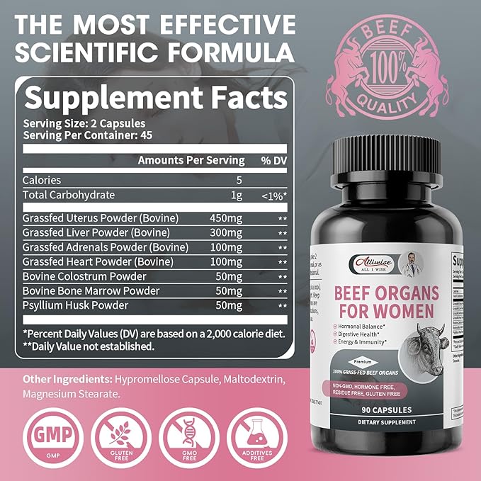Beef Organ Supplement for Women - Grass Fed Beef Liver Uterus* Adrenals Heart Bone Marrow Colostrum for Female Hormo*nal Diges*tive Ener*gy Immunity* Beauty* | Non-GMO Gluten-Free (90 Capsules)