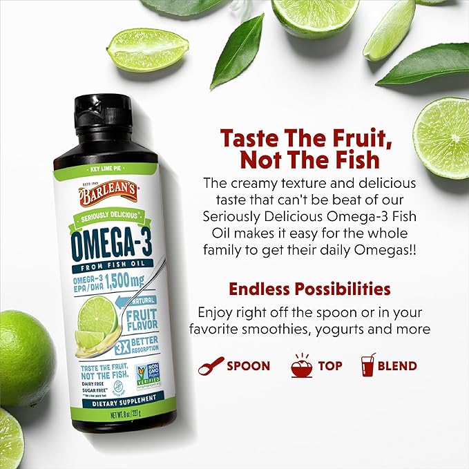 Barlean's Key Lime Pie High Potency Omega 3 Fish Oil Liquid Supplement, 1500mg of EPA& DHA Fatty Acid, Smoothie Flavored & Burpless for Brain, Joint, & Heart Health, 8 oz