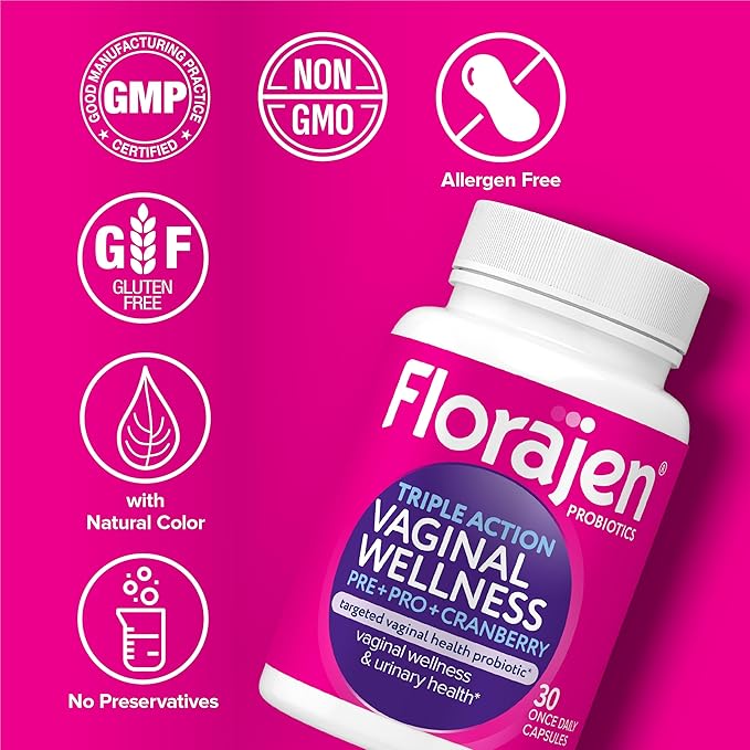 Florajen Women’s Triple-Action Probiotic - Prebiotic + Probiotic + Cranberry for Vaginal, Digestive, & Immune Support - Fast-Acting - Clinically-Studied - Gluten-Free & Vegan - 30-Count