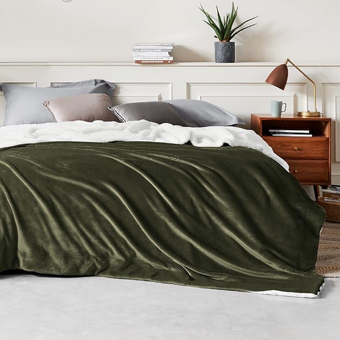 Bedsure GentleSoft Sherpa Fleece Blankets King Size for Bed - Thick and Warm, Soft Fuzzy Plush King Blanket for Winter, Olive Green, 108x90 Inches