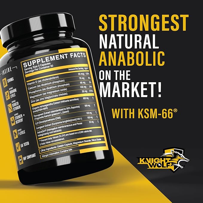 Night Wolf Supps KSM-66 Organic Ashwagandha 600mg, Fenugreek, Natural Anabolic and Muscle Support - with AstraGin for High Absorption - USA Made & Non GMO 3rd Party Tested - 90 Capsules