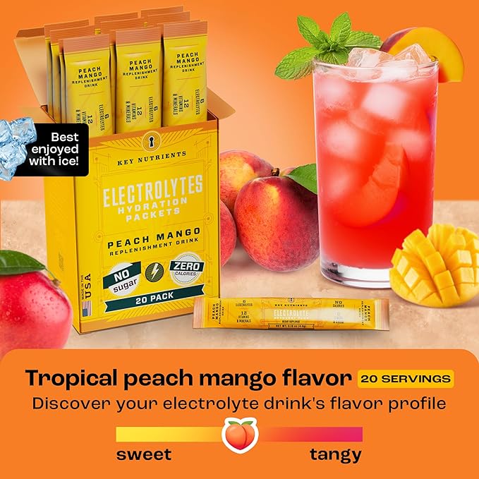 KEY NUTRIENTS Electrolytes Powder Packets - Tropical Peach Mango 20 Pack Hydration Packets - Travel Hydration Powder - No Sugar, No Calories, Gluten Free - Made in USA - Peach Mango