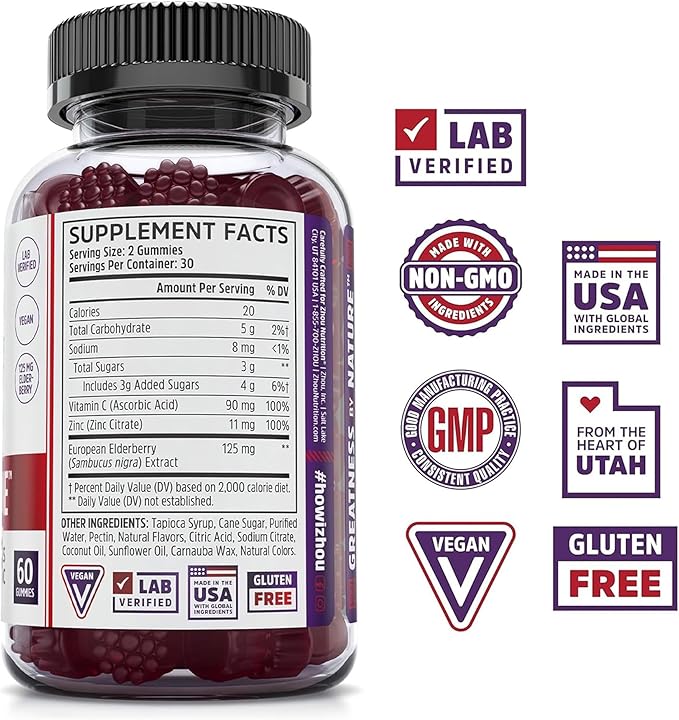 ZHOU Elder-Mune Elderberry Gummies - Black Elderberry, Vitamin C, & Zinc, Daily Immune Support Supplement for Women & Men, Natural Chews for Adults & Children 4 & Up - 60 Gummies (2 Pack)