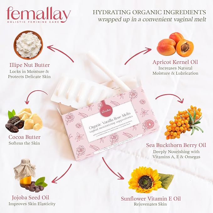 Femallay Organic Vaginal Moisturizing Suppository Melts - 100% Natural Suppositories for Vaginal Odor and Dryness Relief, Ultra-Hydrating Fast-Acting Comfort (Vanilla Rose- 2 Pack)