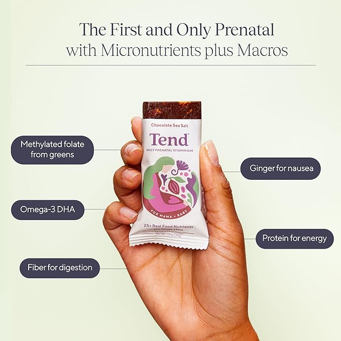 Tend Daily Best Prenatal Vitamin Bar, Made with Organic Ingredients for Pregnant & Postpartum Mothers, Includes DHA, Vitamin D, B, Choline, Folate - Lemon Berry (7ct)