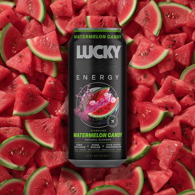 Lucky Energy Sugar Free Energy Drinks 16 Fl Oz Cans (12-Pack) Watermelon Candy with Maca, Ginseng, Taurine, Beta-Alanine, 200mg Caffeine