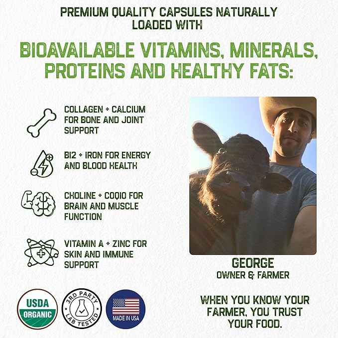 Grassfat USDA Certified Organic 100% Grassfed Cows Beef Organs Supplement + Cow Bone & Muscle and Tallow - Whole Cow, No BS with Nothing Added - Made in The USA - Premium Blend - 30 Servings