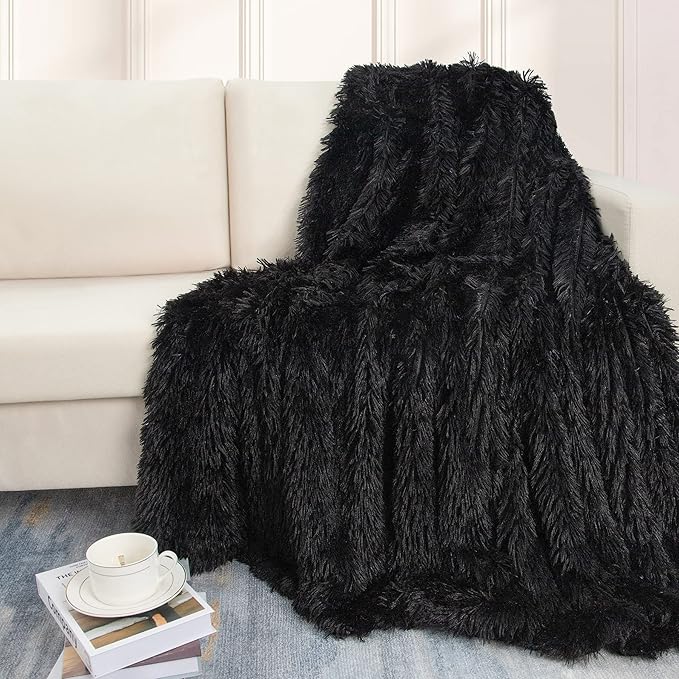 Tuddrom Decorative Extra Soft Faux Fur Blanket Queen Size 80" x 90",Solid Reversible Fuzzy Fluffy Cozy Plush Fleece Comfy Microfiber Fur Blanket for Couch Sofa Bed,Black