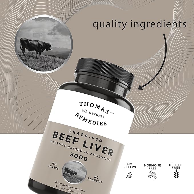 Thomas' all-natural Remedies Grassfed Beef Liver Supplement, 3000mg Liver Support Supplement, Pasture Raised in Argentina, Non-GMO & Hormone Free (180 Caps)
