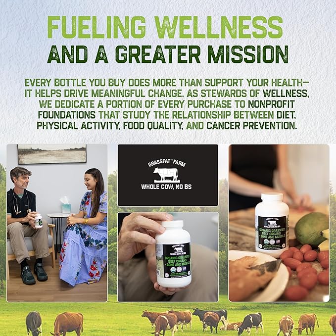 Grassfat USDA Certified Organic 100% Grassfed Cows Beef Organs Supplement + Cow Bone & Muscle and Tallow - Whole Cow, No BS with Nothing Added - Made in The USA - Premium Blend - 30 Servings