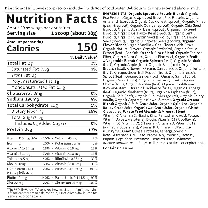 Garden of Life Meal Replacement Shakes, Vegan Raw Organic Protein Powder, Vanilla Chai Protein Powder with Plant Based Pea Protein, Sprouts, Greens, Probiotics, Dairy Free 28 Servings
