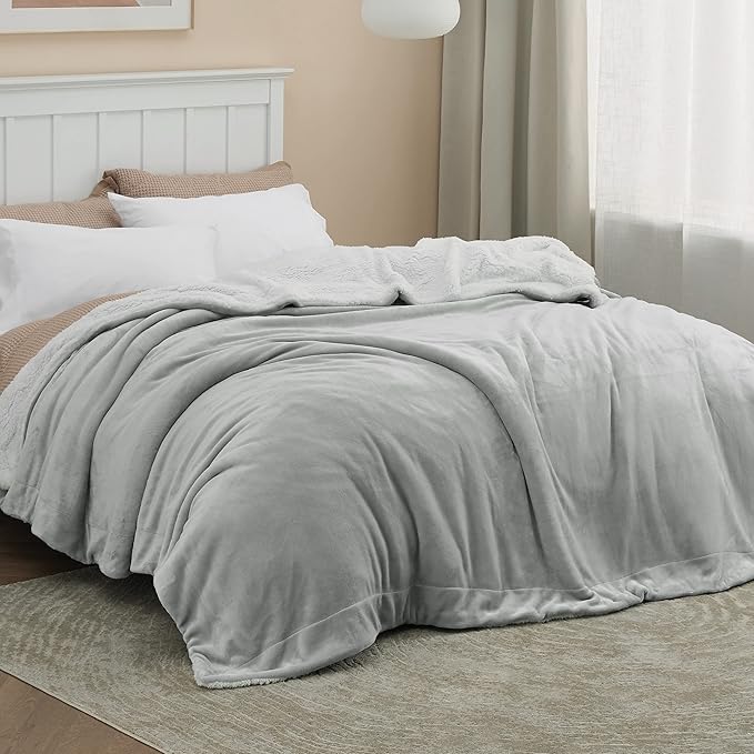 Bedsure GentleSoft Sherpa Fleece Blankets King Size for Bed - Thick and Warm, Soft Fuzzy Plush King Blanket for Winter, Light Grey, 108x90 Inches