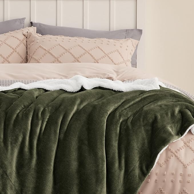 Bedsure GentleSoft Sherpa Fleece Throw Blanket Twin Size for Couch - Thick and Warm, Soft Fuzzy Plush Twin Blanket for Winter, Olive Green, 60x80 Inches
