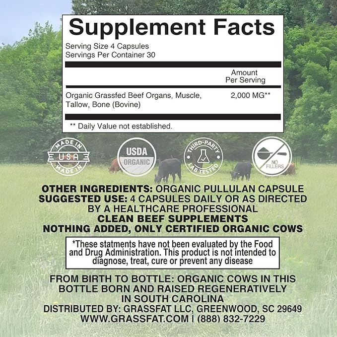 Grassfat USDA Certified Organic 100% Grassfed Cows Beef Organs Supplement + Cow Bone & Muscle and Tallow - Whole Cow, No BS with Nothing Added - Made in The USA - Premium Blend - 30 Servings
