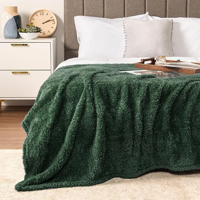 PAVILIA Sherpa Throw Blanket for Couch Sofa, Emerald Green Fluffy Warm Plush Blanket for Bed, Cozy Super Soft Lightweight Throw, Fuzzy Decorative Blanket, All Season Home, 50x60