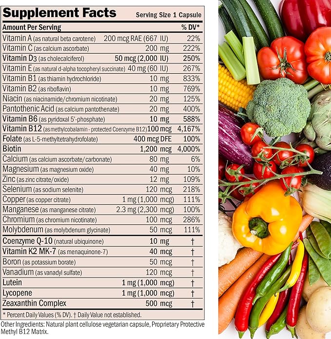 ANDREW LESSMAN Essential-1 Multivitamin 2000 IU Vitamin D3 30 Small Capsules - 100 mcg Methyl B12. CoQ10 Lutein Lycopene Zeaxanthin. High Potency. No Additives. Ultra-Mild. One Daily Capsule
