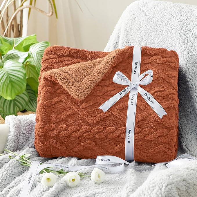 Bedsure Sherpa Fleece Throw Blanket for Couch - GentleSoft Fluffy & Cozy Cable Jacquard Tufted Throw for Women Gift, Thick and Warm Blankets for Winter, Orange, 50x60 Inches