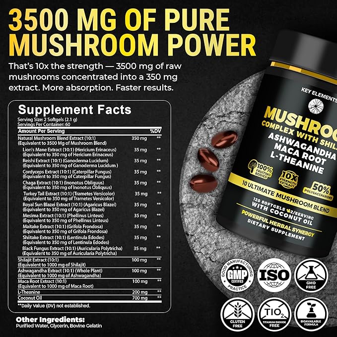 Organic Mushroom Complex with Shilajit & Coconut Oil - Lion’s Mane Mushroom Supplement with Ashwagandha and L-Theanine - Mushroom Nootropic for Memory, Focus & Immune Mushroom Capsules Softgels