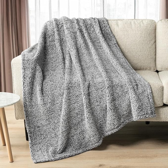 PAVILIA Sherpa Throw Blanket for Couch Sofa, Heather Grey Fluffy Warm Plush Blanket for Bed, Cozy Super Soft Lightweight Throw, Fuzzy Decorative Blanket, All Season Home, 50x60