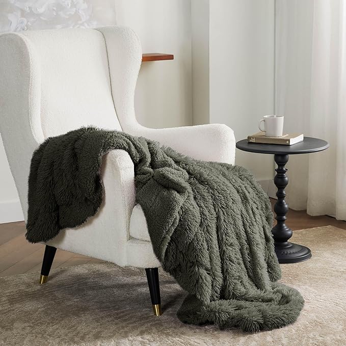 Bedsure GentleSoft Fuzzy Sherpa Faux Fur Twin Blanket Olive Green Cozy Gifts for Women Men, Soft Fleece Plush Warm Minky Thick Blanket Twin Size for Bed, Room Dorm Essentials Olive Decor Gifts, 60x80
