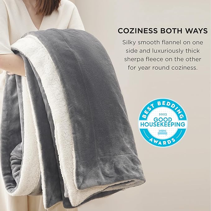 Bedsure GentleSoft Sherpa Fleece Blankets Queen Size for Bed - Thick and Warm, Soft Fuzzy Plush Queen Blanket for Winter, Grey, 90x90 Inches