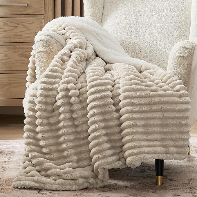 Bedsure Sherpa Blanket Twin Size for Couch - Super Soft, Cozy Fleece Thick Warm Blanket for Winter, GentleSoft Plush & Fluffy Throw Gift for Women, Home Room Decor, Beige, 60x80 Inches
