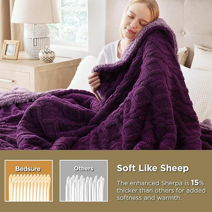 Bedsure Sherpa Fleece Throw Blanket for Couch - GentleSoft Fluffy & Cozy Cable Jacquard Tufted Throw for Women Gift, Thick and Warm Blankets for Winter, Purple, 50x60 Inches