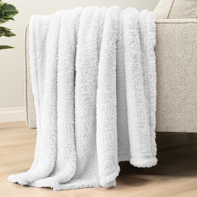 PAVILIA Sherpa Throw Blanket for Couch Sofa, White Fluffy Warm Plush Blanket for Bed, Cozy Super Soft Lightweight Throw, Fuzzy Decorative Blanket, All Season Home, 50x60