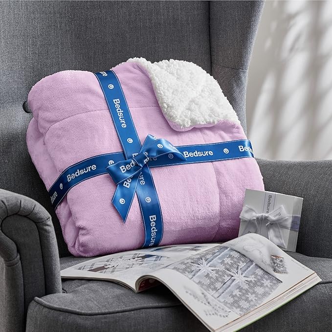 Bedsure Sherpa Fleece Blankets King Size for Bed - Thick and Warm, Soft Fuzzy Plush King Blanket for Winter, Lilac, 108x90 Inches