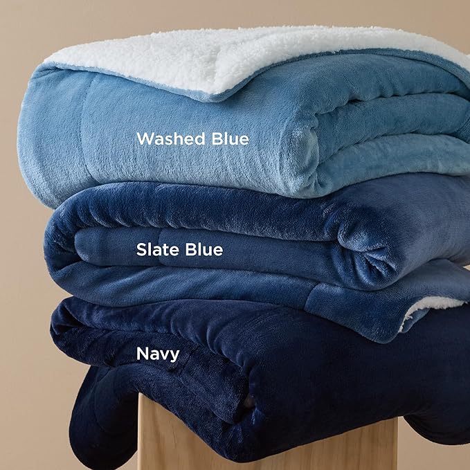 Bedsure GentleSoft Sherpa Fleece Blankets King Size for Bed - Thick and Warm, Soft Fuzzy Plush King Blanket for Winter, Washed Blue, 108x90 Inches