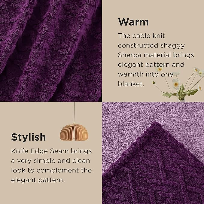 Bedsure Sherpa Fleece Throw Blanket for Couch - GentleSoft Fluffy & Cozy Cable Jacquard Tufted Throw for Women Gift, Thick and Warm Blankets for Winter, Purple, 50x60 Inches