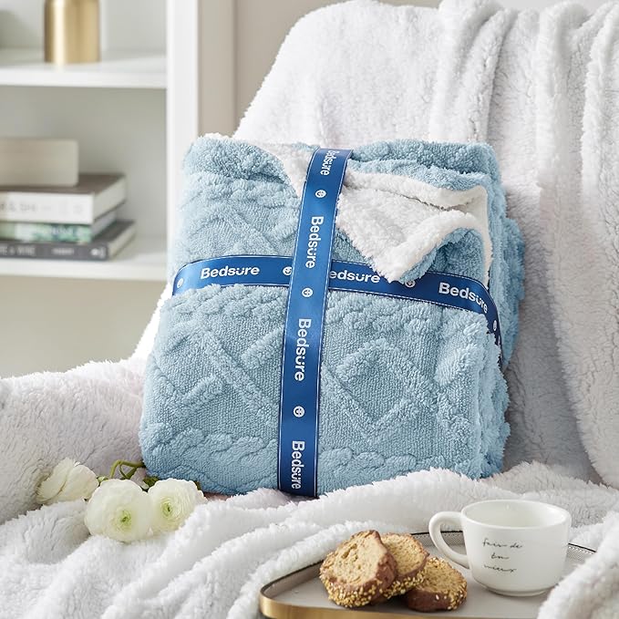 Bedsure Sherpa Fleece Throw Blanket for Couch - GentleSoft Fluffy & Cozy Cable Jacquard Tufted Throw for Women Gift, Thick and Warm Blankets for Winter, Blue, 50x60 Inches