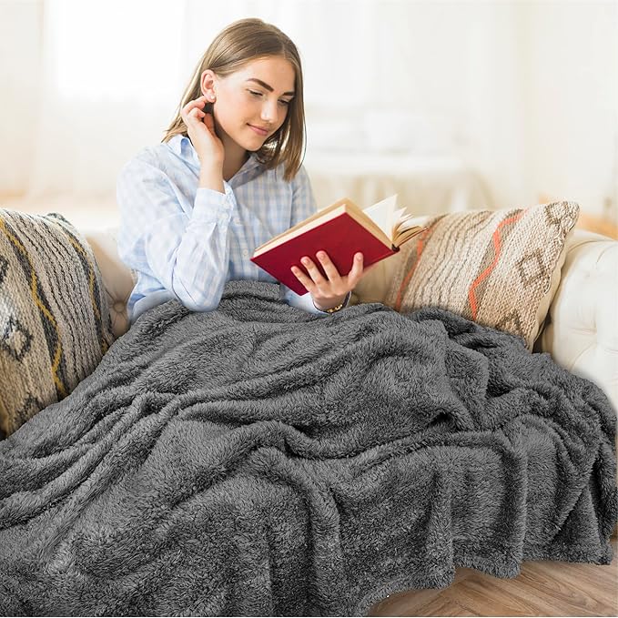 PAVILIA Sherpa Throw Blanket for Couch Sofa, Grey Fluffy Warm Plush Blanket for Twin Bed, Cozy Super Soft Lightweight Throw, Fuzzy Decorative Blanket, All Season Home, 60x80