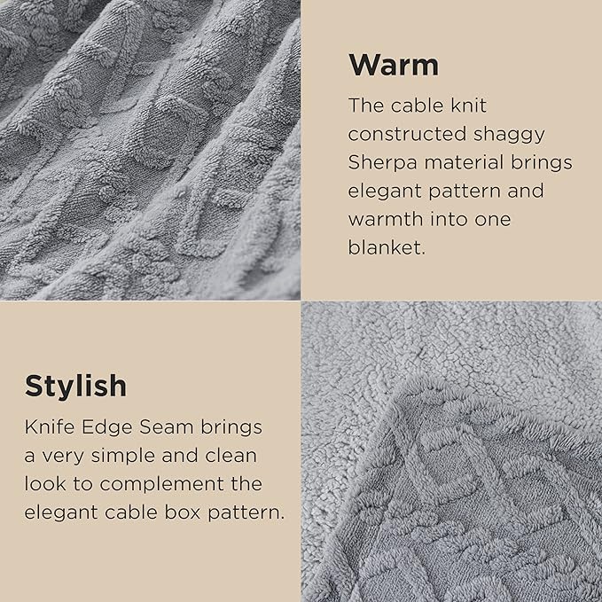 Bedsure Sherpa Fleece Throw Blanket for Couch - GentleSoft Fluffy & Cozy Cable Jacquard Tufted Throw for Women Gift, Thick and Warm Blankets for Winter, Grey, 50x60 Inches