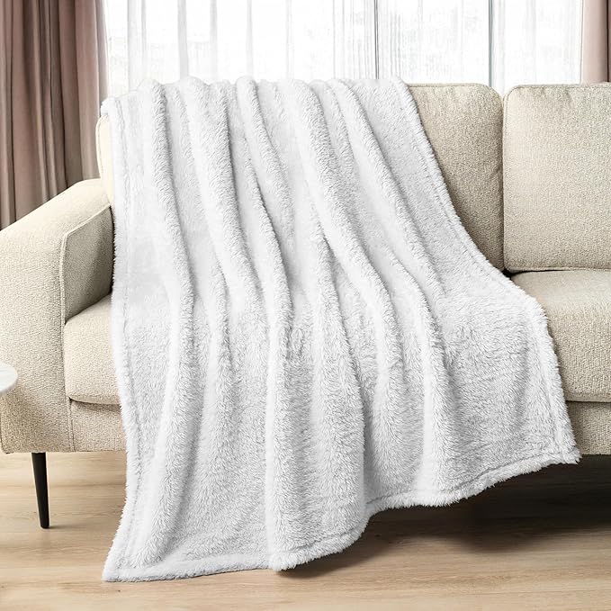 PAVILIA Sherpa Throw Blanket for Couch Sofa, White Fluffy Warm Plush Blanket for Bed, Cozy Super Soft Lightweight Throw, Fuzzy Decorative Blanket, All Season Home, 50x60