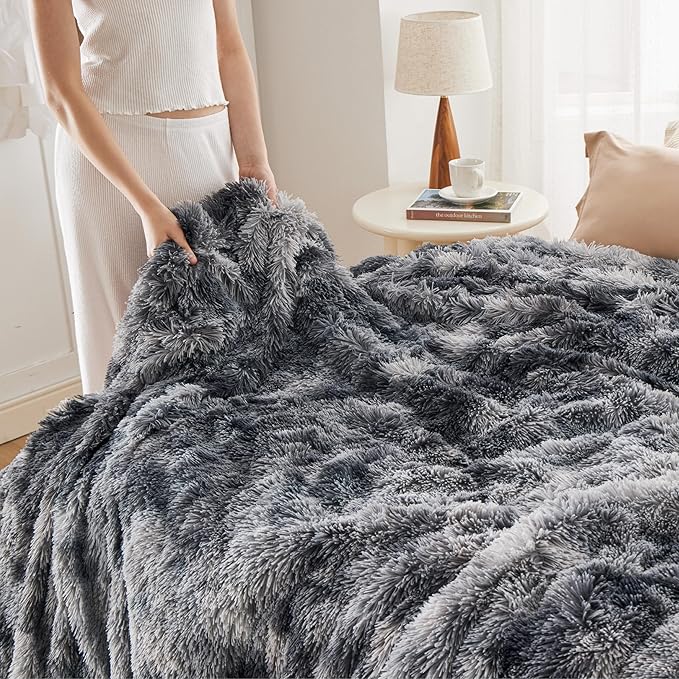 Bedsure GentleSoft Fuzzy Faux Fur Sherpa Fleece Blanket Twin Size, Plush Thick Warm Twin Blanket for Bed, College Dorm Essentials Gifts for Girls Boys, Tie Dye Grey Decor for Winter, 60x80