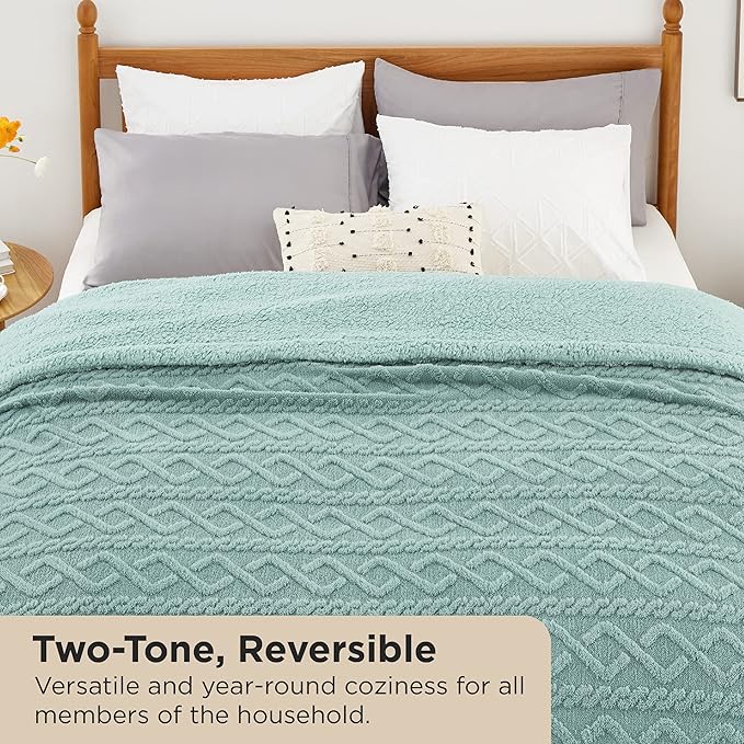 Bedsure Sherpa Queen Size Blanket for Bed - GentleSoft Fleece Fluffy & Cozy Cable Jacquard Tufted for Women Gift, Thick and Warm Blankets for Winter, Sage Green, 90x90 Inches