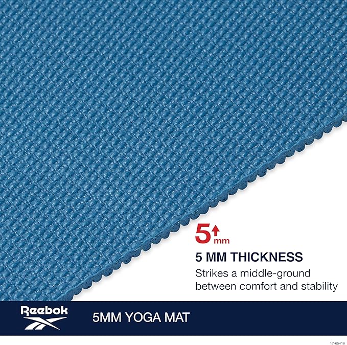 Reebok 5mm Solid Yoga Mat 68" x 24" Non-Slip, Lightweight, Foldable, and Durable Exercise Mat with Carry Strap for Home Workout, Yoga, Pilates, Fitness, and Outdoor Training