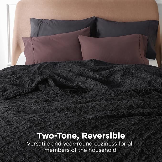 Bedsure Sherpa King Size Blanket for Bed- GentleSoft Fleece Fluffy & Cozy Cable Jacquard Tufted for Women Gift, Thick and Warm Blankets for Winter, Black, 108x90 Inches