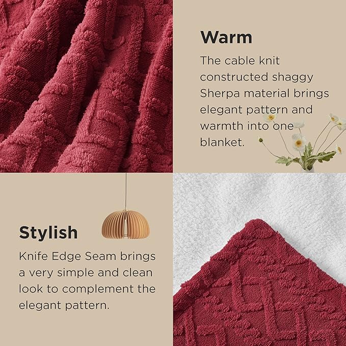 Bedsure Sherpa King Size Blanket for Bed- GentleSoft Fleece Fluffy & Cozy Cable Jacquard Tufted for Women Gift, Thick and Warm Blankets for Winter, Red, 108x90 Inches